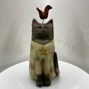 E.R.S. Artist Signed Folklore Cat with Bird on Head Sculpture